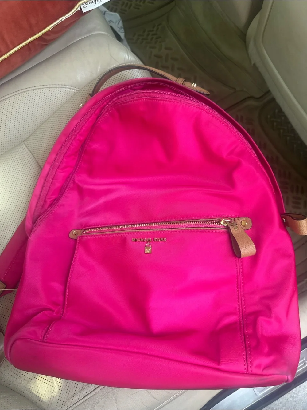 Michael Kors Hot Pink Nylon Backpack with Tan Leather Trim